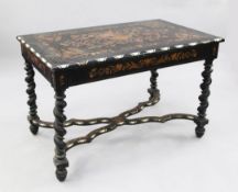 A 19th century Dutch ebonised and marquetry inlaid side table, with ebony and bone inlaid borders,