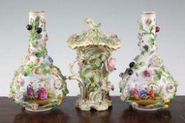 A pair of Potschappel bottle vases and a Derby pot pourri vase and cover, 19th century, the pair