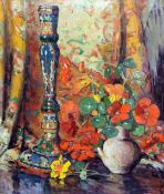 Scottish School circa 1900oil on canvas,Still life with a faience candlestick and nasturtiums,