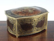 An Erhard & Sohne rosewood and brass inlaid secessionist table casket, of serpentine form, 9in.