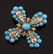 A Victorian gold, turquoise and diamond cruciform brooch, set with graduated old mine cut