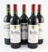 Five bottles including one Chateau Leoville-Barton 1986, St. Julien, high fill; and four Chateau Bel