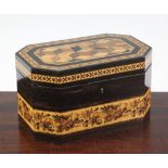 A Victorian Tunbridge ware and ebony tea caddy, by Thomas Barton, the lid centred with a perspective