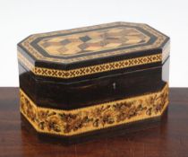 A Victorian Tunbridge ware and ebony tea caddy, by Thomas Barton, the lid centred with a perspective