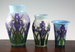 Sally Tuffin for Dennis Chinaworks. Three Iris pattern vases, two of graduated ovoid form, the other
