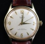 A gentleman's 1960's? gold plated and steel Tudor Aqua manual wind wristwatch, with baton and