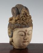 A Chinese polychrome wood head of Guanyin, 25cm