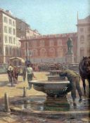 § Alessandro Viazzi (1872-1956)oil on board,Piazza with figures at a fountainsigned,19.75 x 14.25in