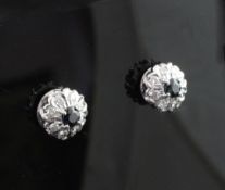 A pair of modern white gold, sapphire and diamond cluster earrings, of flower head design, 11mm.