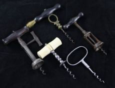 A Victorian bone handled Henshall type direct pull corkscrew, a Victorian rack and pinion corkscrew,