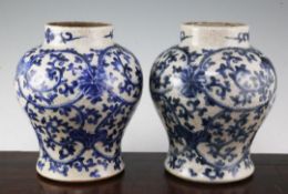 A pair of Chinese blue and white crackle glaze baluster vases, late 19th / early 20th century,