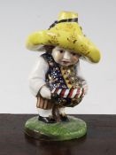 A Continental porcelain model of a Mansion House dwarf, after the Derby original, wearing a multi-