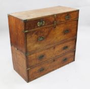 A 19th century brass bound teak military chest, of two short and three long drawers with brass