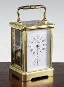 A L'Epeé hour repeating carriage alarm clock, with enamelled dial, 5.75in.