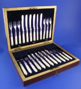 Twelve pairs of late Victorian mother of pearl handled silver dessert eaters, Levesley Brothers,