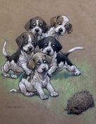 Christopher Gifford Ambler (1886-1965)pastel,Cartoon of puppies and a hedgehog, 'Let Genge do it',
