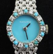 A lady's 1970's 9ct white gold, diamond and turquoise Bueche Girod manual wind wrist watch, with