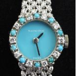 A lady's 1970's 9ct white gold, diamond and turquoise Bueche Girod manual wind wrist watch, with