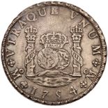 Mexico. 8 Reales, 1754-Mo MF. Eliz-37; KM-104.1. Same crowns. Ferdinand VI. Pillar type. Toned.