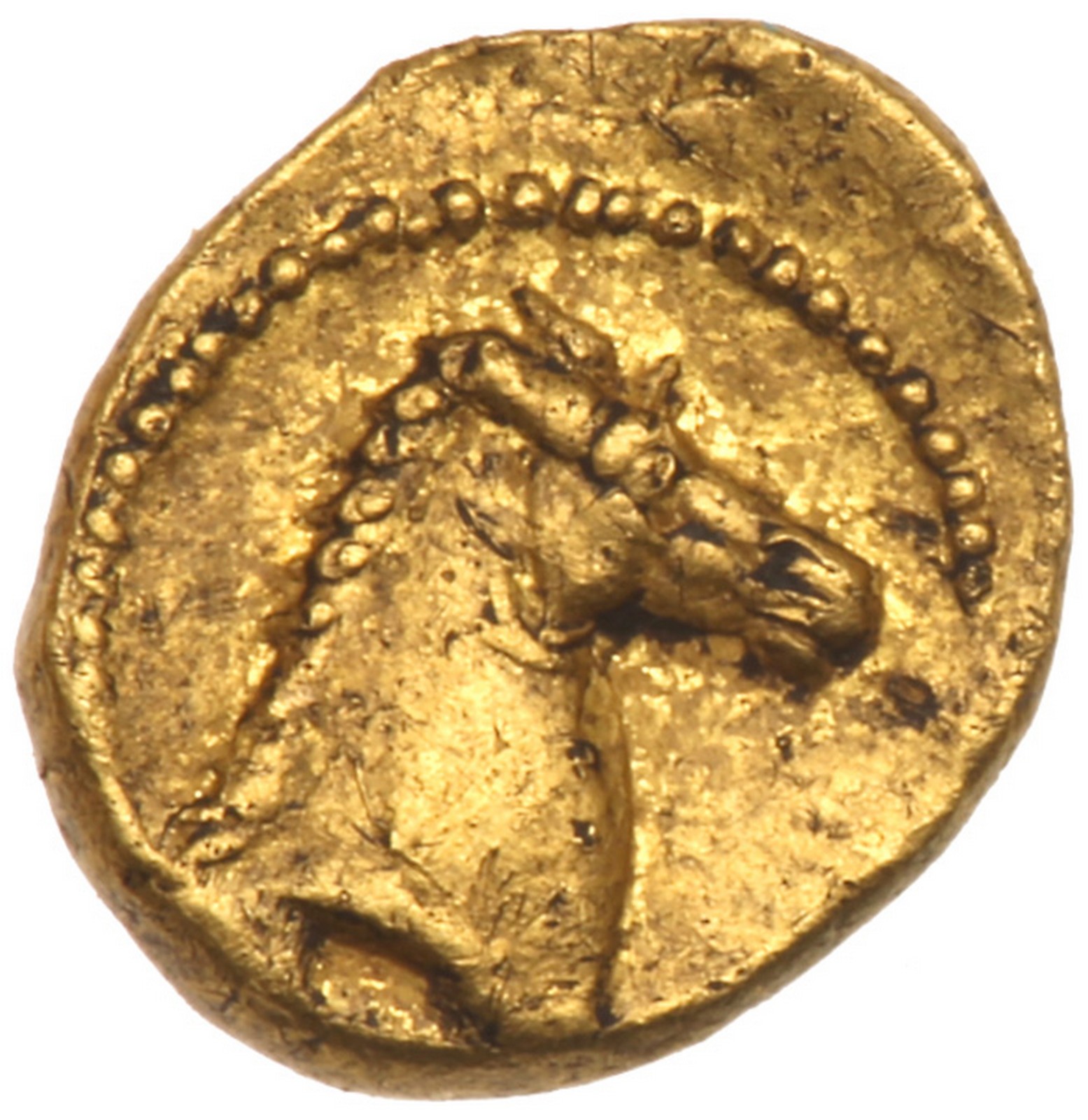 Zeugitania, Carthage. Gold 1/10 Stater (0.8 g), ca. 350-320 BC. Palm tree. Reverse: Horse head