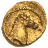 Zeugitania, Carthage. Gold 1/10 Stater (0.8 g), ca. 350-320 BC. Palm tree. Reverse: Horse head