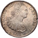 Mexico. 8 Reales, 1805-Mo TH. Eliz-128; KM-109. Wide Date. Charles IV. Natural edge flaw.