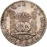 Peru. 8 Reales, 1756/5-JM (Lima). Eliz-6var; KM-55.1. Ferdinand VI. Pillar type. Toned. NGC graded