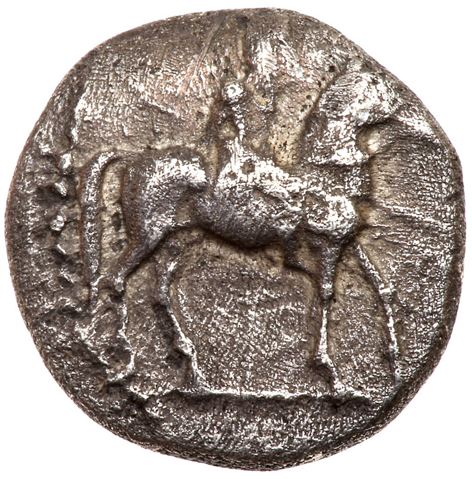 Thessaly, Larissa. Silver Trihemiobol (1.4 g), ca. 479-465 BC. Horseman riding right, wearing
