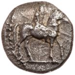 Thessaly, Larissa. Silver Trihemiobol (1.4 g), ca. 479-465 BC. Horseman riding right, wearing