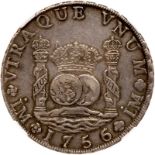 Peru. 8 Reales, 1756/5-JM (Lima). Eliz-6v; KM-55.1. Ferdinand VI. Pillar type. Sharply struck with