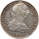 Mexico. 8 Reales, 1790-Mo FM. Eliz-105; KM-108. Charles IV. Legend 'Carolus IIII'. Charles III bust.