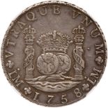 Peru. 8 Reales, 1758/7-JM (Lima). Eliz-8; KM-55. Ferdinand VI. Pillar type. Toned. NGC graded EF-45.