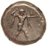 Lucania, Poseidonia. Silver Stater (8.01g), 480-400 BC. , Posiedon advancing right wielding