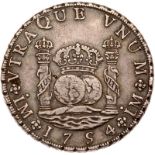 Peru. 8 Reales, 1754-JD (Lima). Eliz-3; KM-55.1. Ferdinand VI. Pillar type. Toned. Extremely Fine.