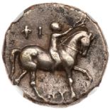 Calabria, Tarentum/Taras. Silver Didrachm (6.19 g), ca. 272-235 BC. Evans Period VIII. Nude youth on