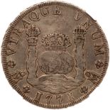 Mexico. 8 Reales, 1771/0-Mo FM. Eliz-73; KM-105. Charles III. Pillar type. Last year of issue.