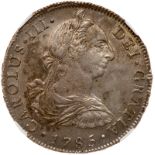 Peru. 8 Reales, 1785-MI (Lima). Eliz-43; KM-78a. Charles III. Lustrous and toned. NGC graded AU-55.