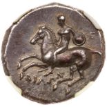 Calabria, Tarentum/Taras. Silver Didrachm (7.78 g), ca. 302-280 BC. Nude youth horseman cantering