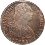 Mexico. 8 Reales, 1793-Mo FM. Eliz-109; KM-109. Charles IV. Maroon toning. NGC graded AU-55.