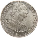 Peru. 8 Reales, 1807-JP (Lima). Eliz-71; KM-97. Charles IV. Brilliant white luster. NGC graded MS-