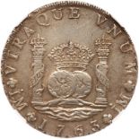 Peru. 8 Reales, 1763-JM (Lima). Eliz-15; KM-A64.1. Two Dots. Charles III. Pillar type. Well struck