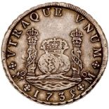 Mexico. 8 Reales, 1735-Mo MF. Eliz-10; KM-103. Philip V. Pillar type. Toned. NGC graded VF-25.