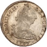 Peru. 8 Reales, 1787-MI (Lima). Eliz-45; KM-78a. Charles III. Softly struck. NGC graded EF-45.