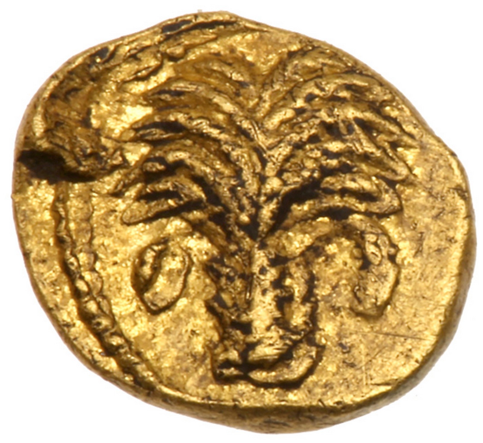 Zeugitania, Carthage. Gold 1/10 Stater (0.8 g), ca. 350-320 BC. Palm tree. Reverse: Horse head - Image 2 of 2