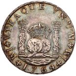 Peru. 8 Reales, 1764-JM (Lima). Eliz-16; KM-A64.1. Two Dots. Charles III. Pillar type. Toned. NGC