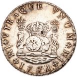 Peru. 8 Reales, 1771-JM (Lima). Eliz-25; KM-64.2. One Dot. Charles III. Pillar type. ""HIAPSN""