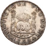Peru. 8 Reales, 1767-JM (Lima). Eliz-19; KM-A64.2. One Dot. Charles III. Pillar type. NGC graded