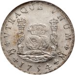 Mexico. 8 Reales, 1754-Mo MM. Eliz-40; KM-104.2. Ferdinand VI. Pillar type. Milky white luster.