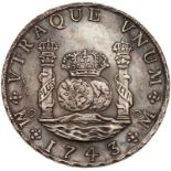 Mexico. 8 Reales, 1743/2-Mo MF. Eliz-20v; KM-103. Philip V. Pillar type. Sea salvaged. Sharply