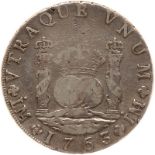 Peru. 8 Reales, 1763/2-JM (Lima). Eliz-15; KM-A64.1. Double dots. Charles III. Pillar type. Listed